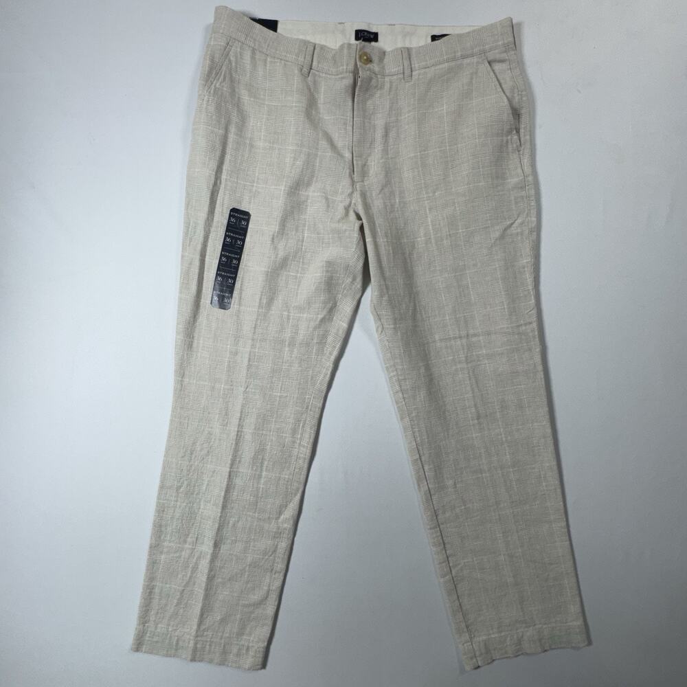 J.Crew Linen Blend Pants Mens 36x30 Straight Leg Beige Plaid Fair Trade NWT New
